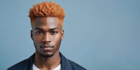 Photo Of A Jealous African American Male Model With A Orange Hair Isolated On A Flat Blurred Mediumblue Background With Copy Space, Banner Template. Generative AIの素材