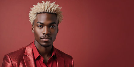 Photo Of A Flamboyant African American Male Model With A Blonde Hair Isolated On A Flat Blurred Red Background With Copy Space, Banner Template. Generative AIの素材