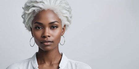 Photo Of A Mystified African American Woman Model With A White Hair Isolated On A Flat Blurred Navajowhite Background With Copy Space, Banner Template. Generative AIの素材