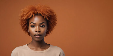 Photo Of A Surprised African American Woman Model With A Orange Hair Isolated On A Flat Blurred Darkorange Background With Copy Space, Banner Template. Generative AIの素材