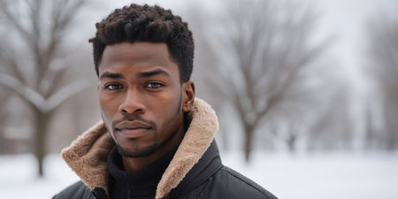 Photo Of A Tired African American Male Model With A Brown Hair Isolated On A Flat Blurred Snow Background With Copy Space, Banner Template. Generative AIの素材