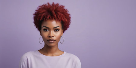 Photo Of A Vengeful African American Woman Model With A Red Hair Isolated On A Flat Blurred Lavender Background With Copy Space, Banner Template. Generative AIの素材