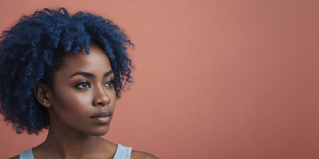 Photo Of A Stressed African American Woman Model With A Dark Blue Hair Isolated On A Flat Blurred Coral Background With Copy Space, Banner Template. Generative AIの素材