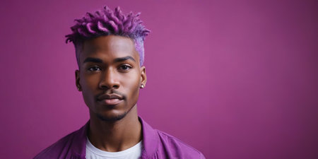 Photo Of A Enlightened African American Male Model With A Purple Hair Isolated On A Flat Blurred Fuchsia Background With Copy Space, Banner Template. Generative AIの素材