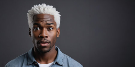 Photo Of A Shocked African American Male Model With A White Hair Isolated On A Flat Blurred Darkgray Background With Copy Space, Banner Template. Generative AIの素材
