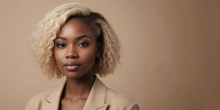 Photo Of A Humble African American Woman Model With A Blonde Hair Isolated On A Flat Blurred Sandybrown Background With Copy Space, Banner Template. Generative AIの素材