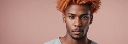 Midshot Portrait Photo Of A Determined African American Handsome Male Model With A Orange Hair Isolated On A Mistyrose Background With Copy Space, Banner Template. Generative AIの素材
