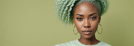 Midshot Portrait Photo Of A Confident African American Beautiful Female Model With A Light Green Hair Isolated On A Yellowgreen Background With Copy Space, Banner Template. Generative AIの素材