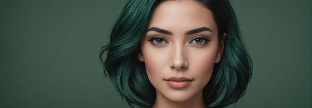 Midshot Portrait Photo Of A Proud Latin Beautiful Female Model With A Dark Green Hair Isolated On A Darkolivegreen Background With Copy Space, Banner Template. Generative AIの素材