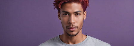 Midshot Portrait Photo Of A Blissful Handsome Male Model With A Red Hair Isolated On A Purple Background With Copy Space, Banner Template. Generative AIの素材