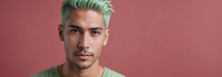 Midshot Portrait Photo Of A Humble Latin Handsome Male Model With A Light Green Hair Isolated On A Palevioletred Background With Copy Space, Banner Template. Generative AIの素材