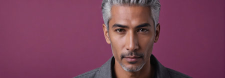Midshot Portrait Photo Of A Awestruck Handsome Male Model With A Grey Hair Isolated On A Magenta Background With Copy Space, Banner Template. Generative AIの素材