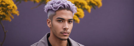 Midshot Portrait Photo Of A Distracted Handsome Male Model With A Light Purple Hair Isolated On A Darkgoldenrod Background With Copy Space, Banner Template. Generative AIの素材