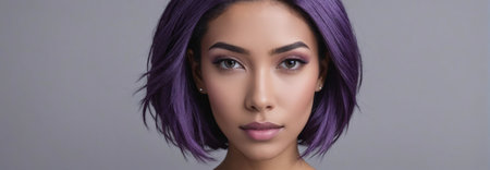 Midshot Portrait Photo Of A Affectionate Beautiful Female Model With A Purple Hair Isolated On A Lightslategray Background With Copy Space, Banner Template. Generative AIの素材
