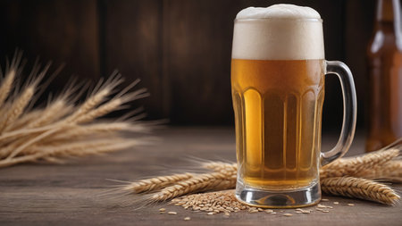 Glass Of Beer With Wheat On Wooden Backdrop. Generative AIの素材