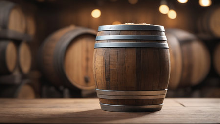 Beer Barrel On Wood Table With Blurred Background. Generative AIの素材