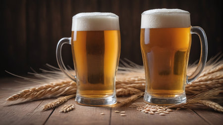 Glass Of Beer With Wheat On Wooden Backdrop. Generative AIの素材