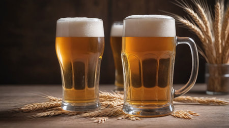 Glass Of Beer With Wheat On Wooden Backdrop. Generative AIの素材