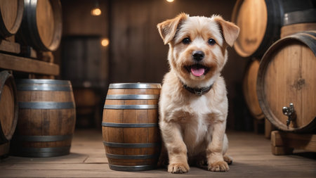 Cute Dog With A Beer Barrel. Generative AIの素材
