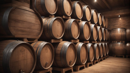 Stacked Brown Wooden Beer Barrels. Generative AIの素材