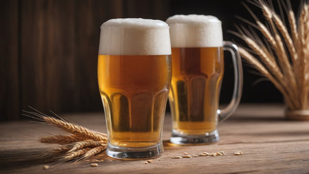 Glass Of Beer With Wheat On Wooden Backdrop. Generative AIの素材