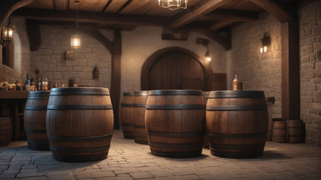 Medieval Inn Scene With Beer Barrels, 3D Render. Generative AIの素材
