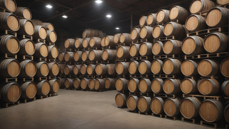 Beer Barrels Stacked In Warehouse. Generative AIの素材