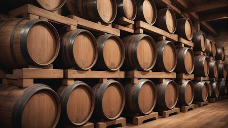 Stacked Brown Wooden Beer Barrels. Generative AIの素材