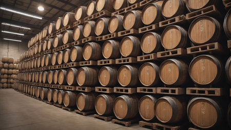 Beer Barrels Stacked In Warehouse. Generative AIの素材