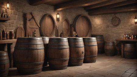 Medieval Inn Scene With Beer Barrels, 3D Render. Generative AIの素材