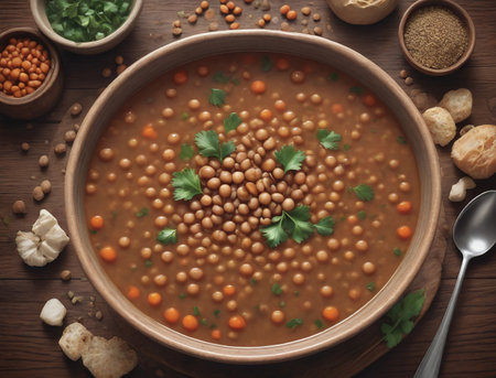 Illustration Of Vegan Spiced Lentil Soup On Wood. Generative AIの素材