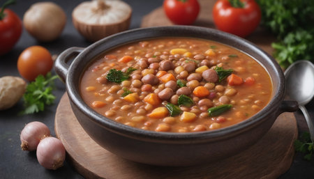Photo Of Lentil Soup With Vegetables (Fabada Asturiana). Generative AIの素材