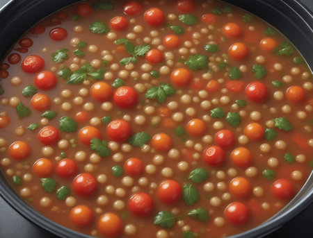Illustration Of Close-Up Vegetable Lentil Soup With Tomatoes. Generative AIの素材