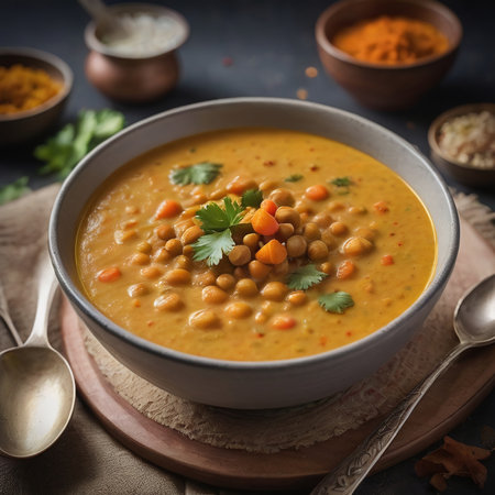 Photo Of Coconut Curry Lentil Soup With Exotic Spices. Generative AIの素材