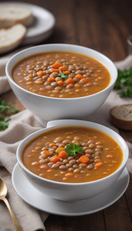 Photo Of Lentil Soup In A White Bowl. Generative AIの素材