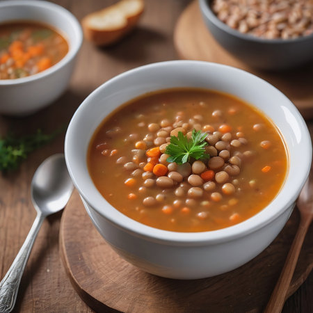 Photo Of Tasty Lentil Soup Closeup On Wood. Generative AIの素材