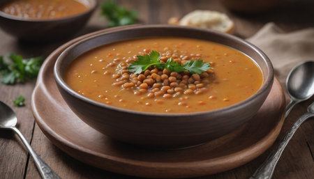 Photo Of Vegan Spiced Lentil Soup On Wood. Generative AIの素材