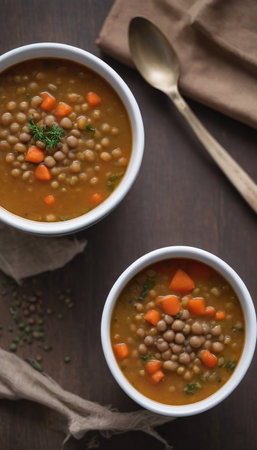 Photo Of Homemade Vs. Canned Lentil Soup Splitframe. Generative AIの素材