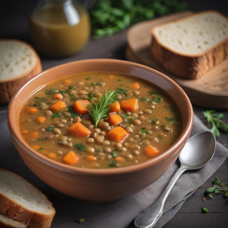 Photo Of Hearty Lentil Soup With Herbs And Bread. Generative AIの素材