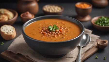 Photo Of Turkish Lentil Soup With Blank Copy Space. Generative AIの素材