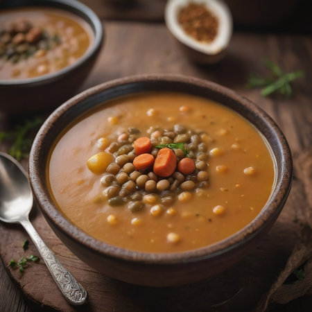 Photo Of Vegan Spiced Lentil Soup On Wood. Generative AIの素材
