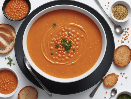 Illustration Of Red Lentil Soup, Top View On White. Generative AIの素材