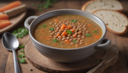 Photo Of Tasty Lentil Soup Closeup On Wood. Generative AIの素材
