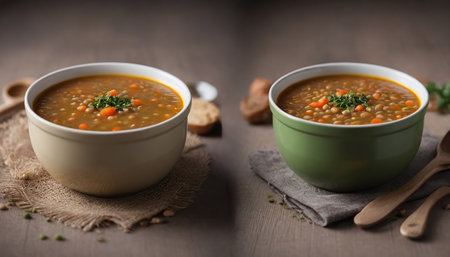 Photo Of Homemade Vs. Canned Lentil Soup Splitframe. Generative AIの素材