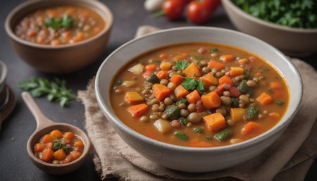 Photo Of Roasted Vegetable Lentil Soup. Generative AIの素材
