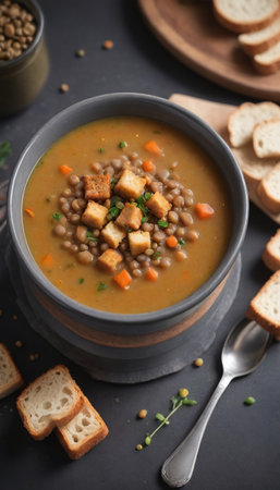 Photo Of Lentil Soup With Croutons. Generative AIの素材