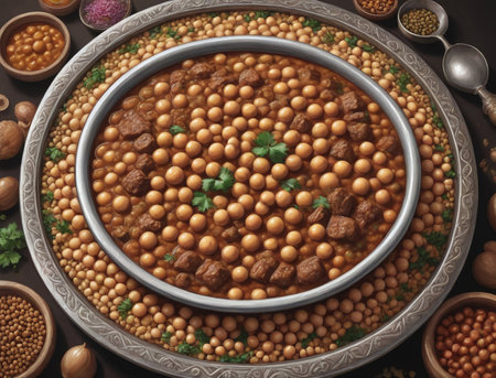 Illustration Of Moroccan Harira With Meat, Chickpeas, And Lentils. Generative AIの素材