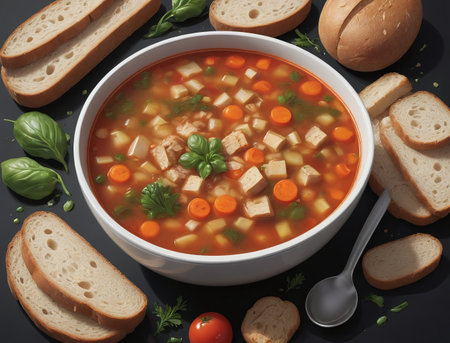 Illustration Of A Vegetable Soup With Bread. Generative AIの素材