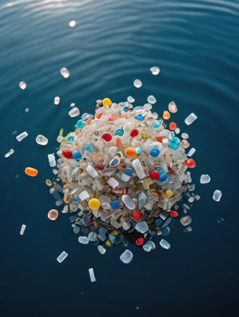 Microplastics Floating In Ocean Water, Micro Plastic Pollution. Generative AIの素材