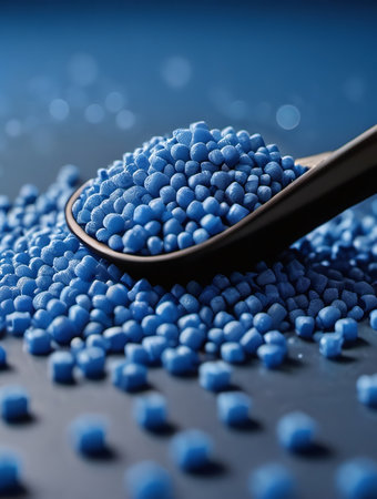 Secondary Granule Made Of Polypropylene, Blue Plastic Pellets Crumbles To The Table, Plastic Raw Materials In Granules, Industry, Polymer Resin, Raw Plastic Recycling Concept. Generative AIの素材